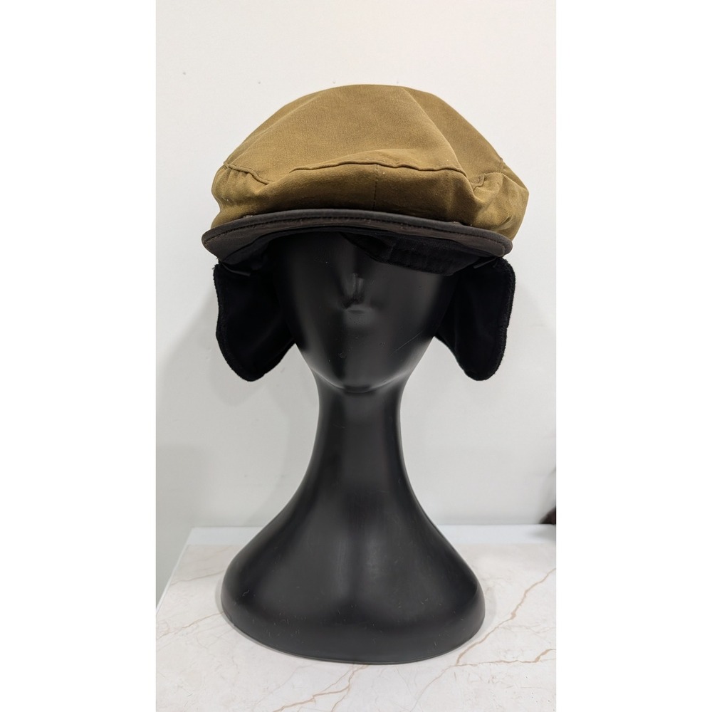 Woolrich Woolen Mills Tan Cotton Flat Cap Ear Flaps Buffalo Plaid Lining Large